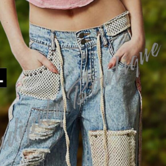 POL Rustic Denim Studded Detail Patchwork Baggy Wide Leg Cotton Blue Jeans - Picture 3 of 10